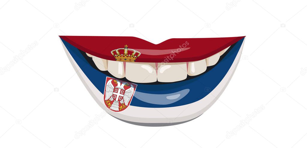 The flag of Serbia on the lips. A woman's smile with white teeth. Vector illustration.