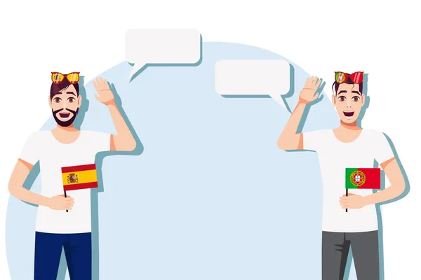 Homens Com Bandeiras Espanhola Portuguesa Antecedentes Para Texto Comunicação Entre —  Vetores de Stock