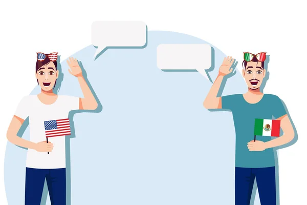 アメリカとメキシコの旗を持つ男性 テキストの背景 アメリカとメキシコの母語話者間のコミュニケーション ベクターイラスト — ストックベクタ