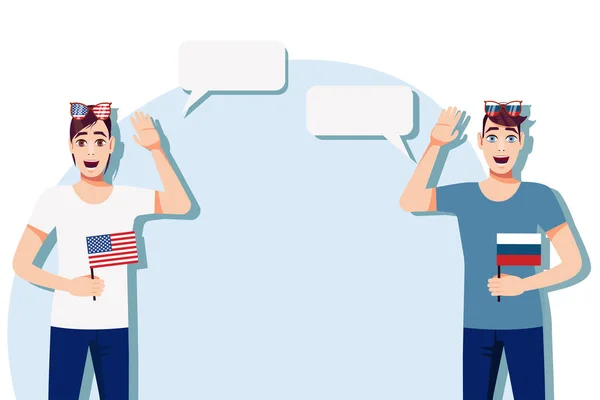 Muži Americkou Ruskou Vlajkou Pozadí Textu Komunikace Mezi Rodilými Mluvčími — Stockový vektor