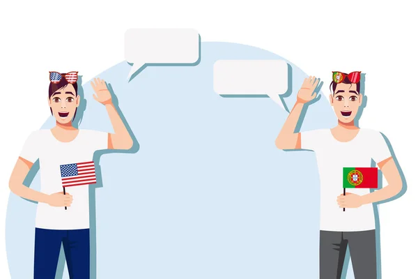 Homens Com Bandeiras Americanas Portuguesas Antecedentes Texto Conceito Desporto Política —  Vetores de Stock