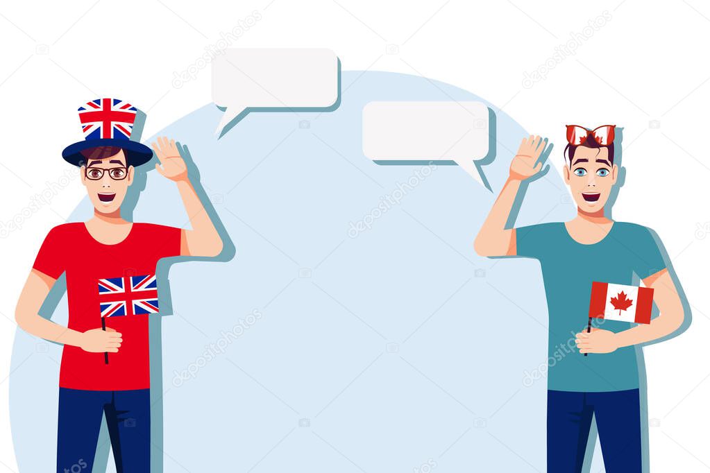 Men with British and Canadian flags. Background for the text. The concept of sports, political, education, travel and business relations between the United Kingdom and Canada. Vector illustration.