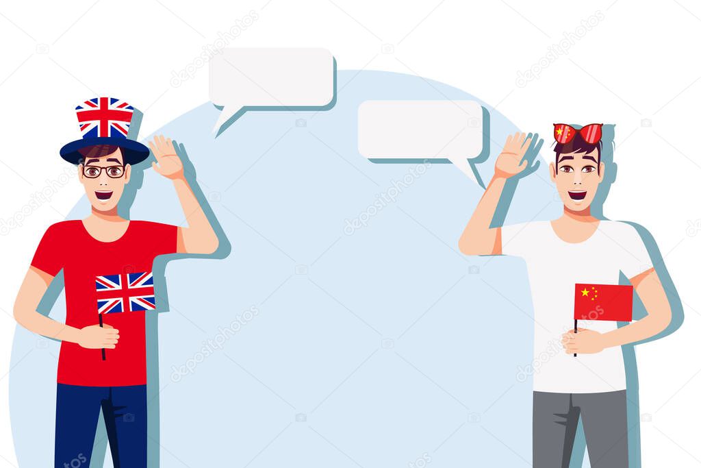 The concept of international communication, sports, education, business between the United Kingdom and China. Men with British and Chinese flags. Vector illustration.