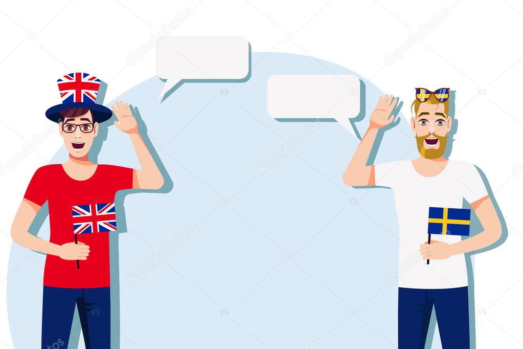 Men with British and Swedish flags. Background for text. Communication between native speakers of the United Kingdom and Sweden. Vector illustration.