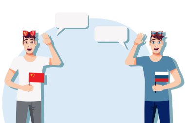 Çin ve Rus bayraklı adamlar. Uluslararası iletişim, eğitim, spor, seyahat, iş. Çin ve Rusya arasındaki diyalog. Vektör illüstrasyonu.