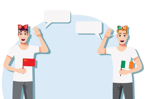 Mannen Met Chinese Ierse Vlaggen Achtergrond Voor Tekst Communicatie Tussen — Stockvector