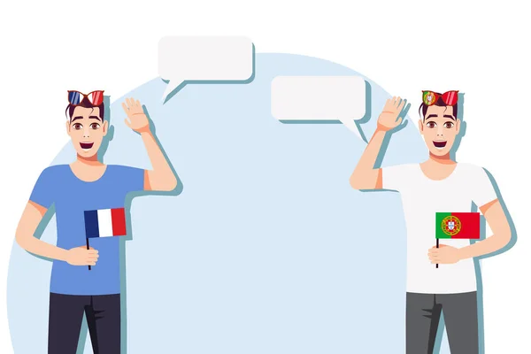 Hombres Con Banderas Francesas Portuguesas Concepto Comunicación Internacional Educación Deportes — Vector de stock