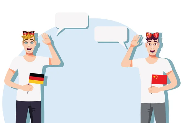 德国和中国之间的国际交流 商业的概念 拿着德国和中国国旗的男人矢量说明 — 图库矢量图片