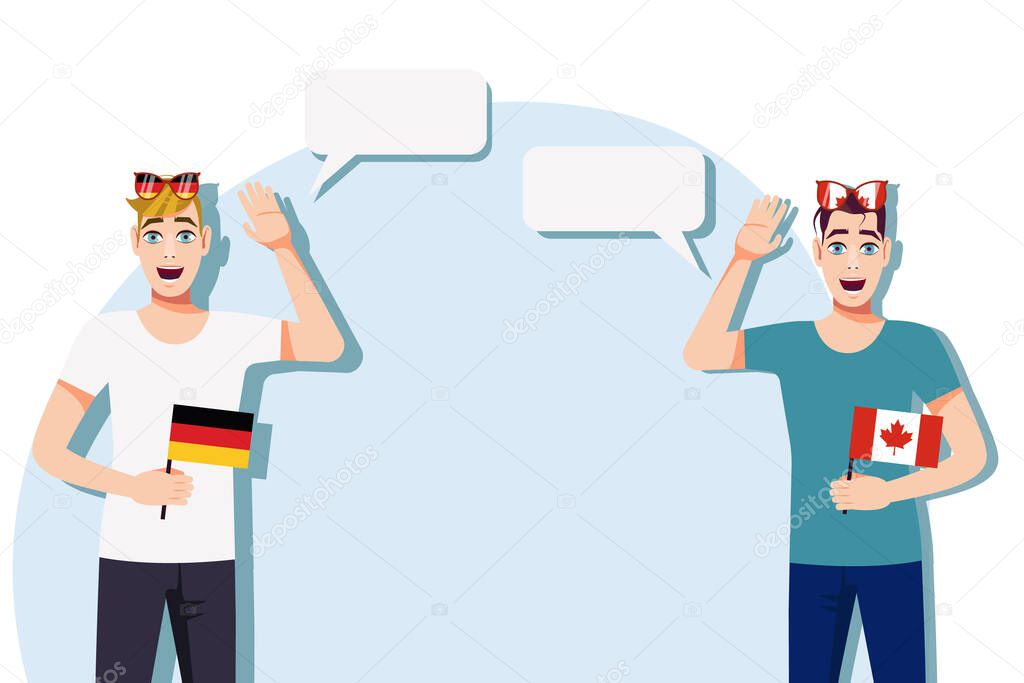 Men with German and Canadian flags. Background for text. Communication between native speakers of Germany and Canada. Vector illustration. 
