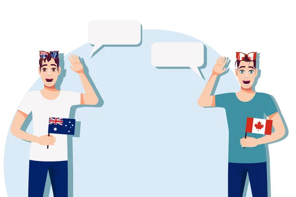 Hombres Con Banderas Australianas Canadienses Antecedentes Del Texto Comunicación Entre — Archivo Imágenes Vectoriales