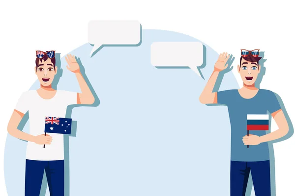 澳大利亚和俄罗斯之间的国际交流 商业概念 拿着澳大利亚和俄罗斯国旗的男人矢量说明 — 图库矢量图片