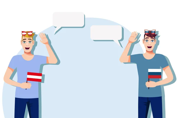 Mannen Met Oostenrijkse Russische Vlaggen Achtergrond Voor Tekst Communicatie Tussen — Stockvector