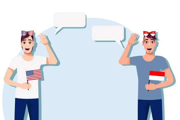 Muži Americkými Indonéskými Vlajkami Pozadí Textu Komunikace Mezi Rodilými Mluvčími — Stockový vektor