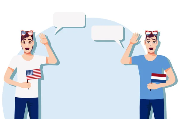 Homens Com Bandeiras Americanas Holandesas Antecedentes Para Texto Comunicação Entre — Vetor de Stock
