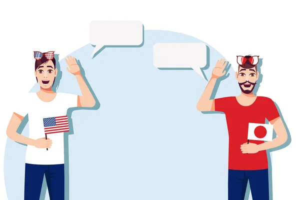 Muži Americkými Japonskými Vlajkami Pozadí Textu Komunikace Mezi Rodilými Mluvčími — Stockový vektor
