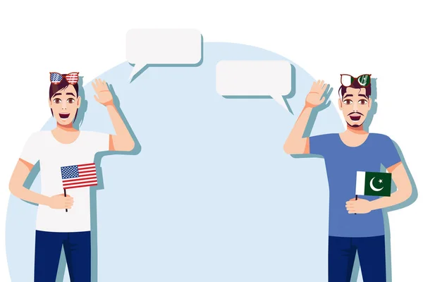 Muži Americkými Pákistánskými Vlajkami Pozadí Textu Komunikace Mezi Rodilými Mluvčími — Stockový vektor