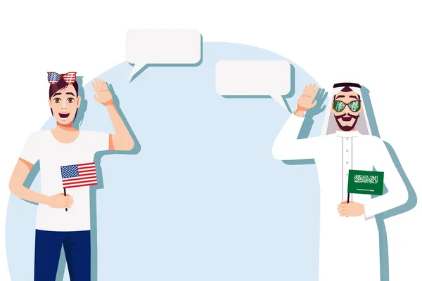 Muži Americkými Saúdskými Vlajkami Pozadí Textu Komunikace Mezi Rodilými Mluvčími — Stockový vektor