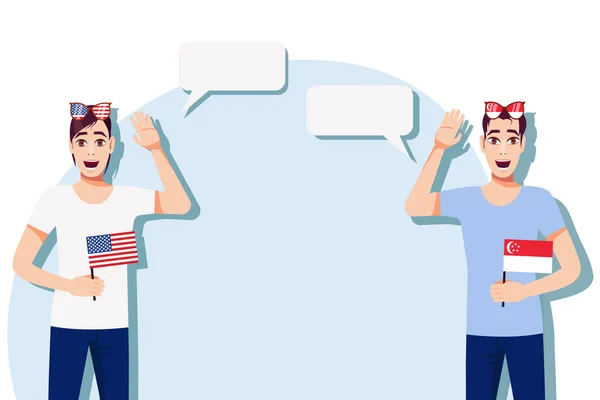 Muži Americkou Singapurskou Vlajkou Pozadí Textu Komunikace Mezi Rodilými Mluvčími — Stockový vektor