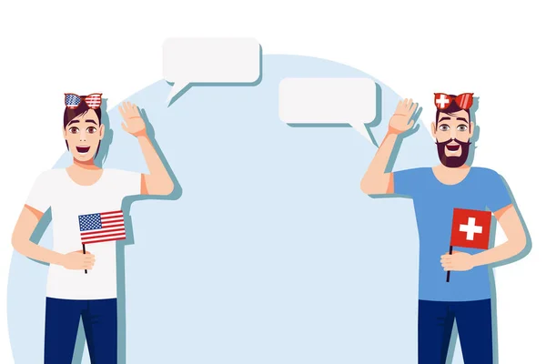 Homens Com Bandeiras Americanas Suíças Antecedentes Para Texto Comunicação Entre — Vetor de Stock