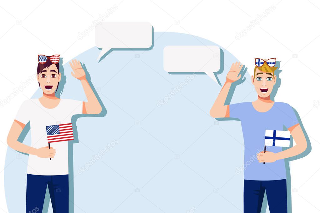 Men with American and Finnish flags. Background for the text. The concept of sports, political, education, travel and business relations between the USA and Finland. Vector illustration.