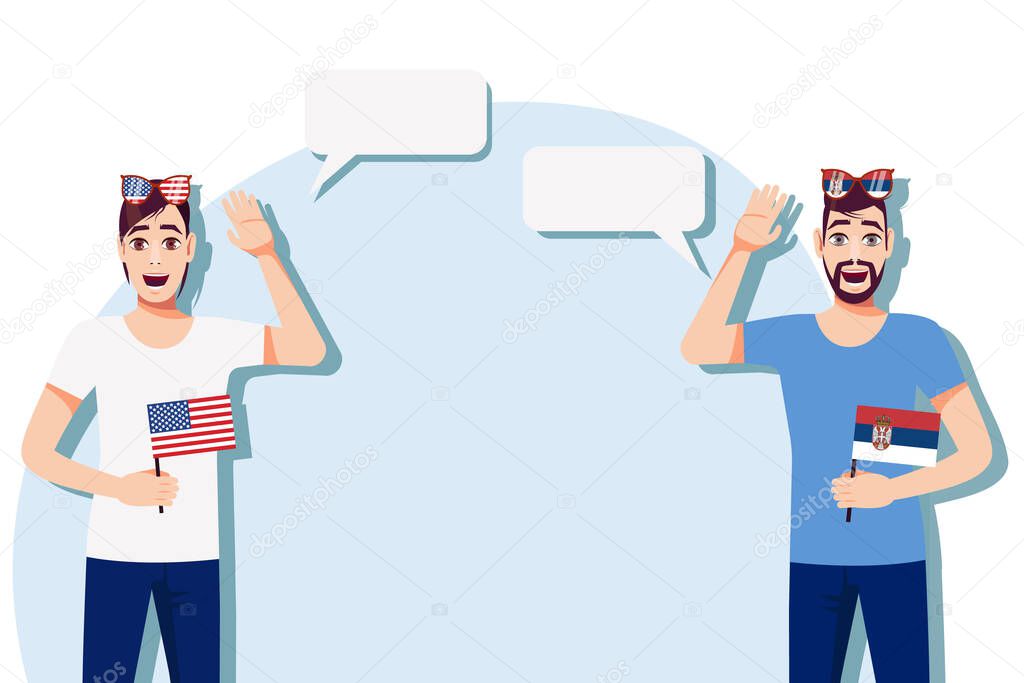 The concept of international communication, sports, education, business between the USA and Serbia. Men with American and Serbian flags. Vector illustration.