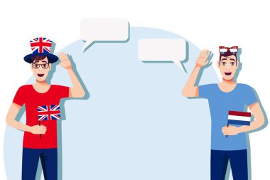 İngiliz ve Hollanda bayraklı adamlar. Uluslararası iletişim, eğitim, spor, seyahat, iş. Birleşik Krallık ve Hollanda arasındaki diyalog. Vektör illüstrasyonu.