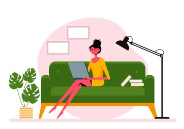 Dizüstü bilgisayarı olan bir kadın kanepede kitaplarla oturuyor. Serbest çalışmak ya da konsept çalışmak. Düz stil ile sevimli illüstrasyon.