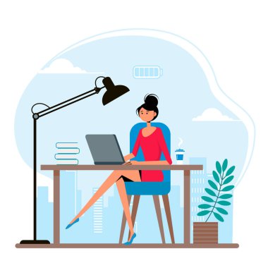 Kadın ofis çalışanı masada otururken başarılı bir iş konsepti çizimi. Düz bir şekilde vektör illüstrasyonu.