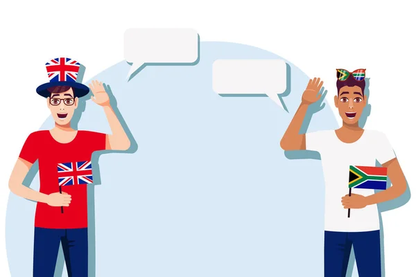 拿着英国和南非国旗的男人案文的背景 联合王国和南非母语人士之间的交流 矢量说明 — 图库矢量图片