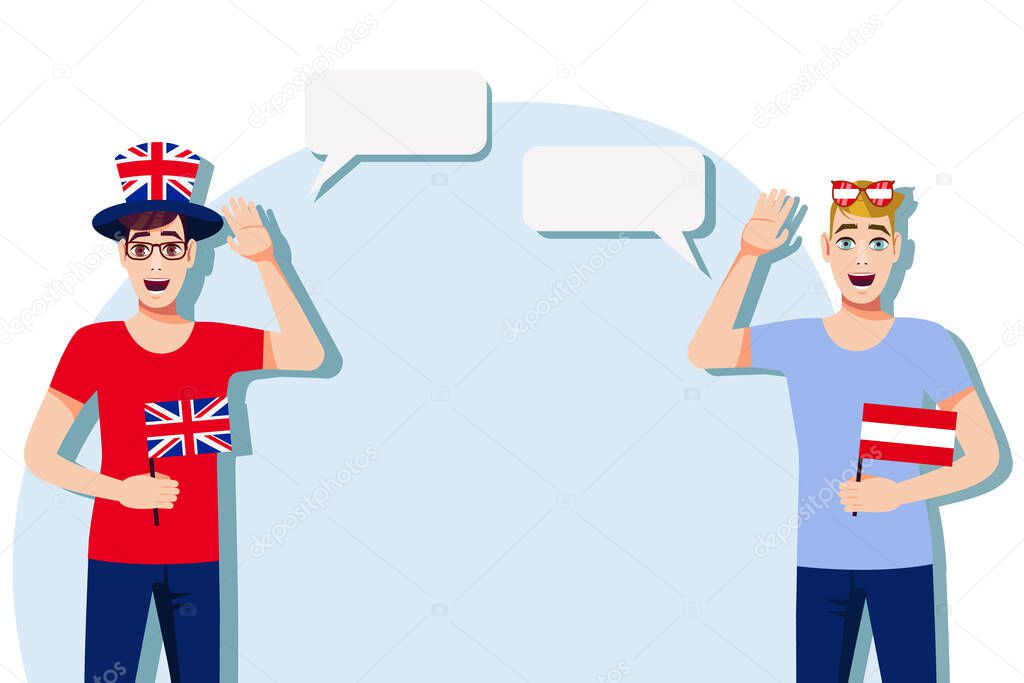 The concept of international communication, sports, education, business between the United Kingdom and Austria. Men with British and Austrian flags. Vector illustration.