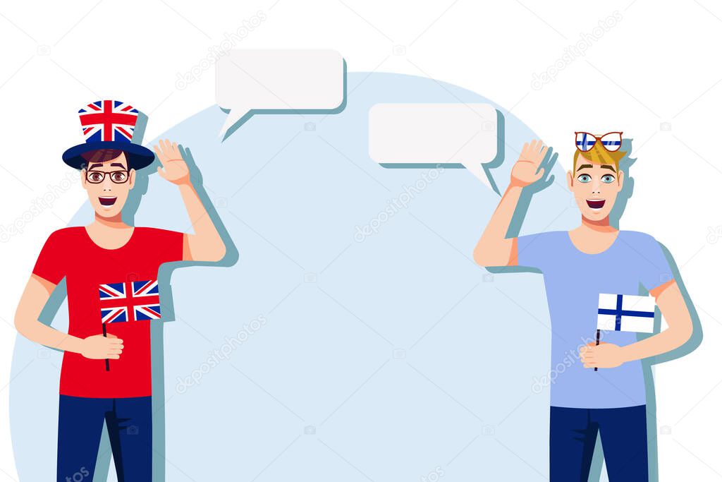 The concept of international communication, sports, education, business between the United Kingdom and Finland. Men with British and Finnish flags. Vector illustration.