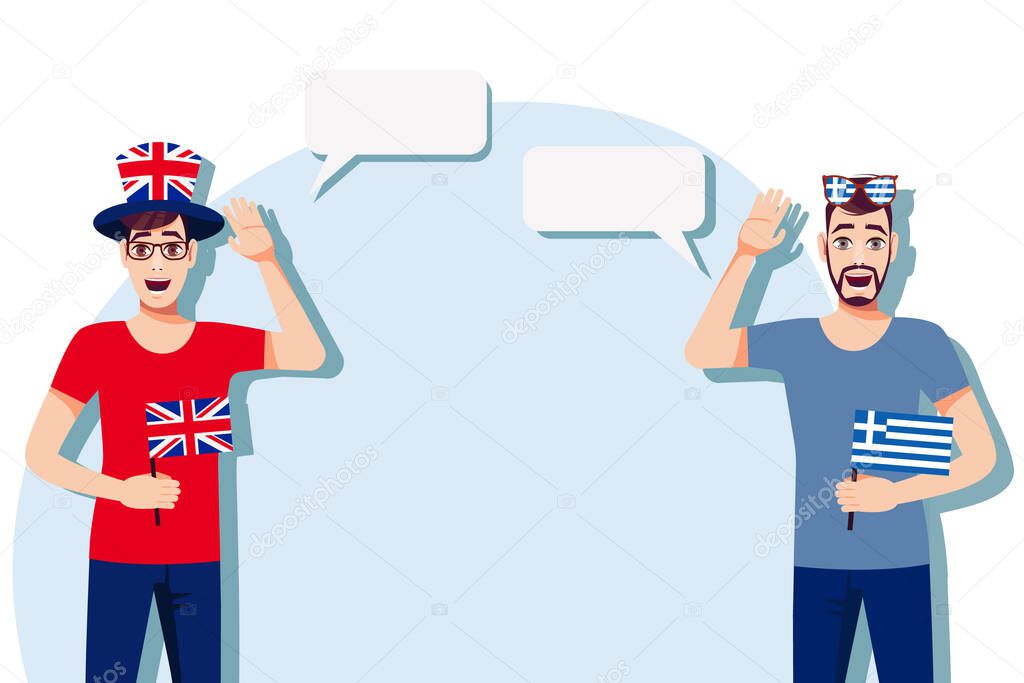 Men with British and Greek flags. Background for text. Communication between native speakers of the United Kingdom and Greece. Vector illustration.