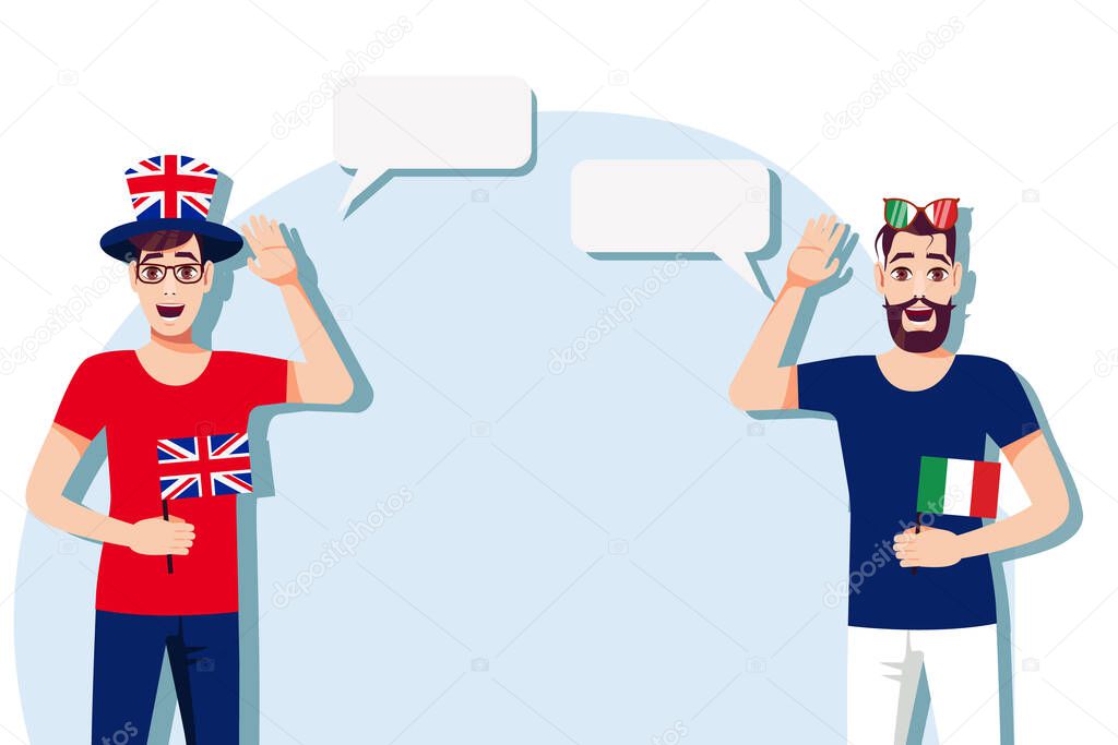 Men with British and Italian  flags. Background for the text. Communication between native speakers of the language. Vector illustration.