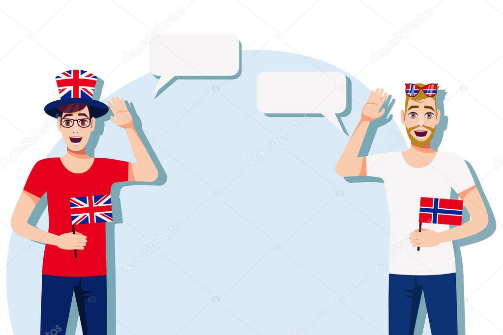 The concept of international communication, sports, education, business between the United Kingdom and Norway. Men with British and Norwegian flags. Vector illustration.