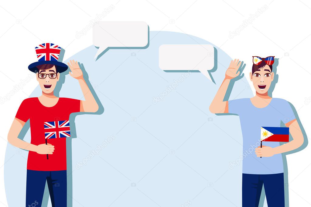 Men with British and Philippine flags. The concept of international communication, education, sports, travel, business. Dialogue between the United Kingdom and the Philippines. Vector illustration.