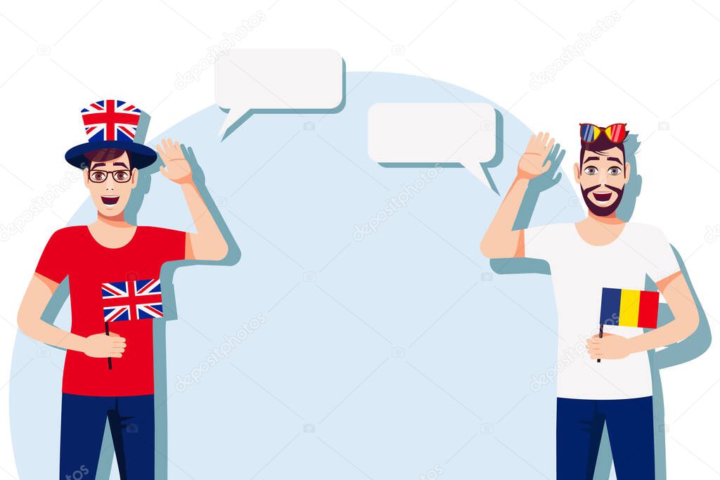 Men with British and Romanian flags. Background for the text. Communication between native speakers of the language. Vector illustration.