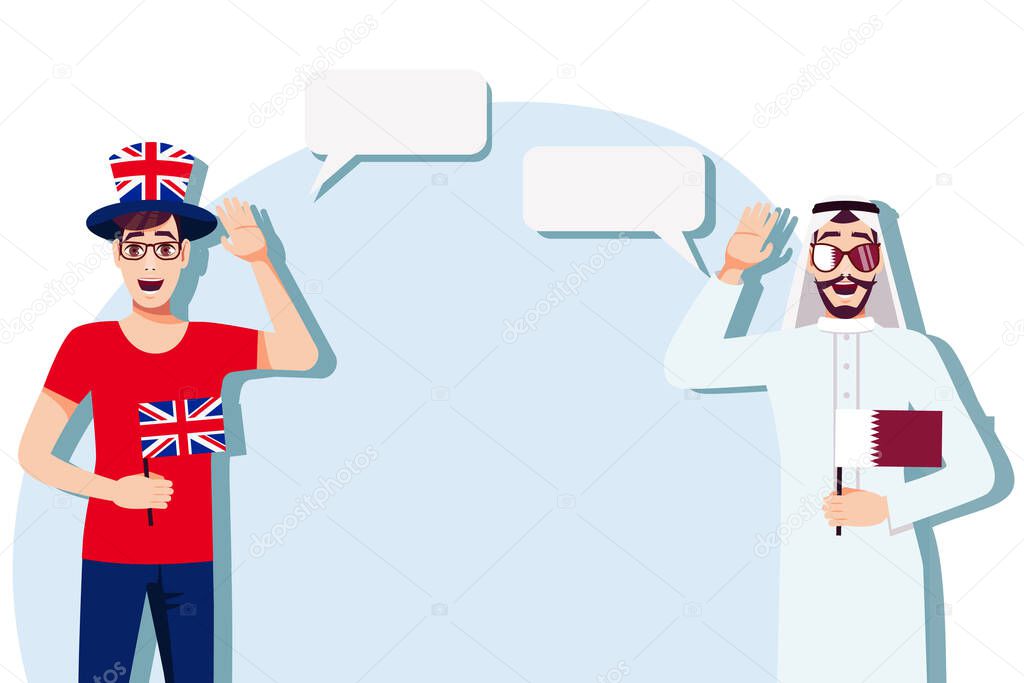 The concept of international communication, sports, education, business between the United Kingdom and Qatar. Men with British and Qatari flags. Vector illustration.