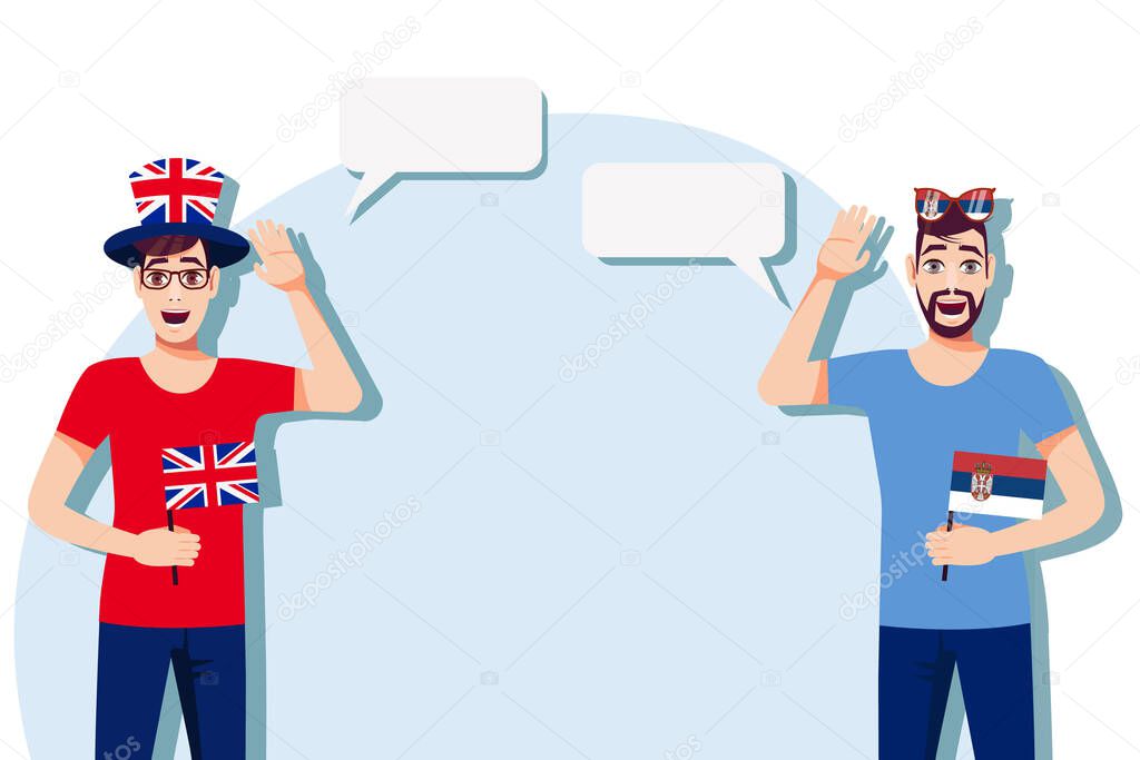 The concept of international communication, sports, education, business between the United Kingdom and Serbia. Men with British and Serbian flags. Vector illustration.