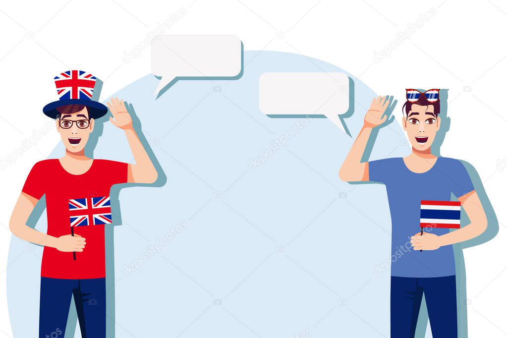 Men with British and Thai flags. Background for the text. Communication between native speakers of the language. Vector illustration.