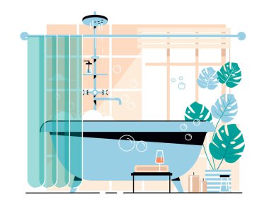 Arka planda kabarcıklar olan köpük dolu bir küvet. Banyo içi. Duş muslukları, sabun, küvet, mumlar, bir bardak şarap ve çiçekler. Banyo ve rahatlama için rahat ekipmanlar. Vektör düz tasarımı.