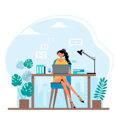 Masada dizüstü bilgisayarı olan bir iş kadını var. Düz biçim vektör illüstrasyonu.