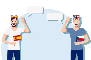 İspanyol ve Çek bayraklı adamlar. Metin için arka plan. Dil anadili konuşanlar arasındaki iletişim. Vektör illüstrasyonu.