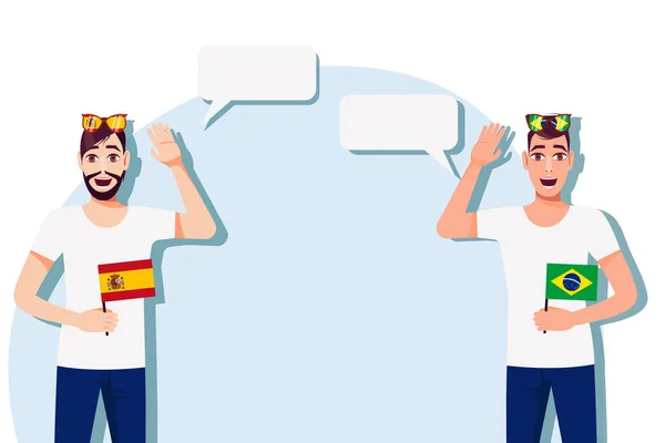 西班牙和巴西之间的国际交流 商业概念 拿着西班牙和巴西国旗的男人矢量说明 — 图库矢量图片