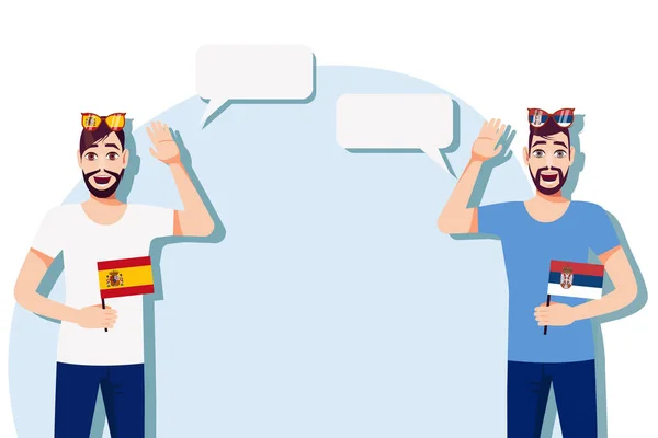 スペインとセルビアの旗を持つ男性 テキストの背景 言語の母語話者間のコミュニケーション ベクターイラスト — ストックベクタ