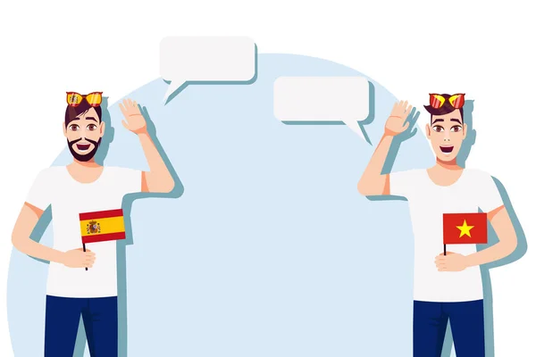 スペイン語とベトナム語の旗を持つ男性 テキストの背景 スペインとベトナムの母語話者間のコミュニケーション ベクターイラスト — ストックベクタ