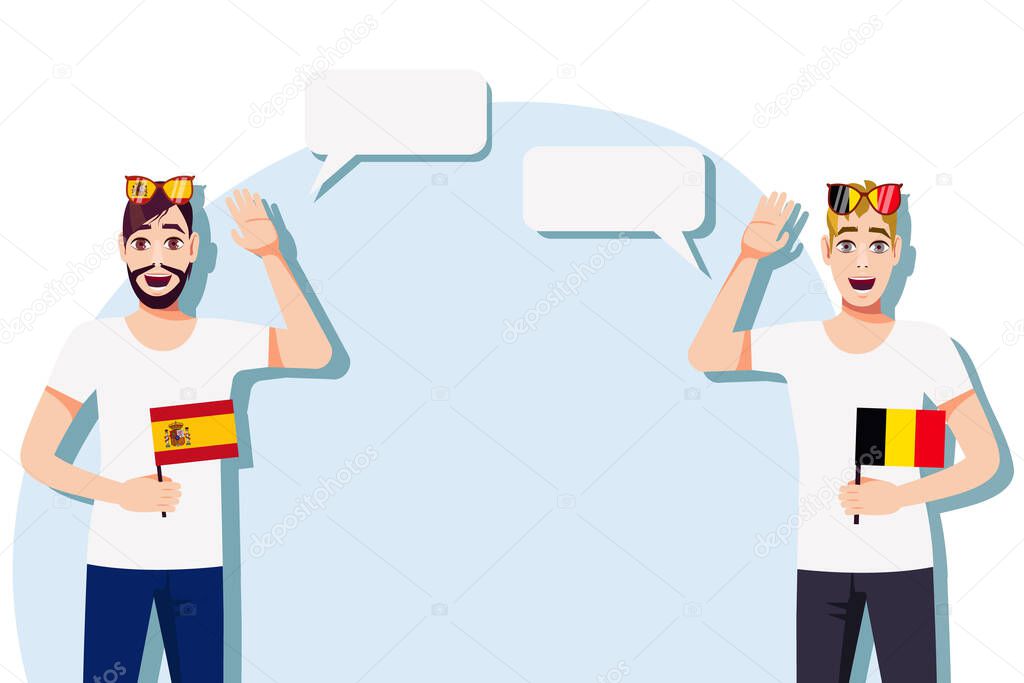 The concept of international communication, sports, education, business between Spain and Belgium. Men with Spanish and Belgian flags. Vector illustration.