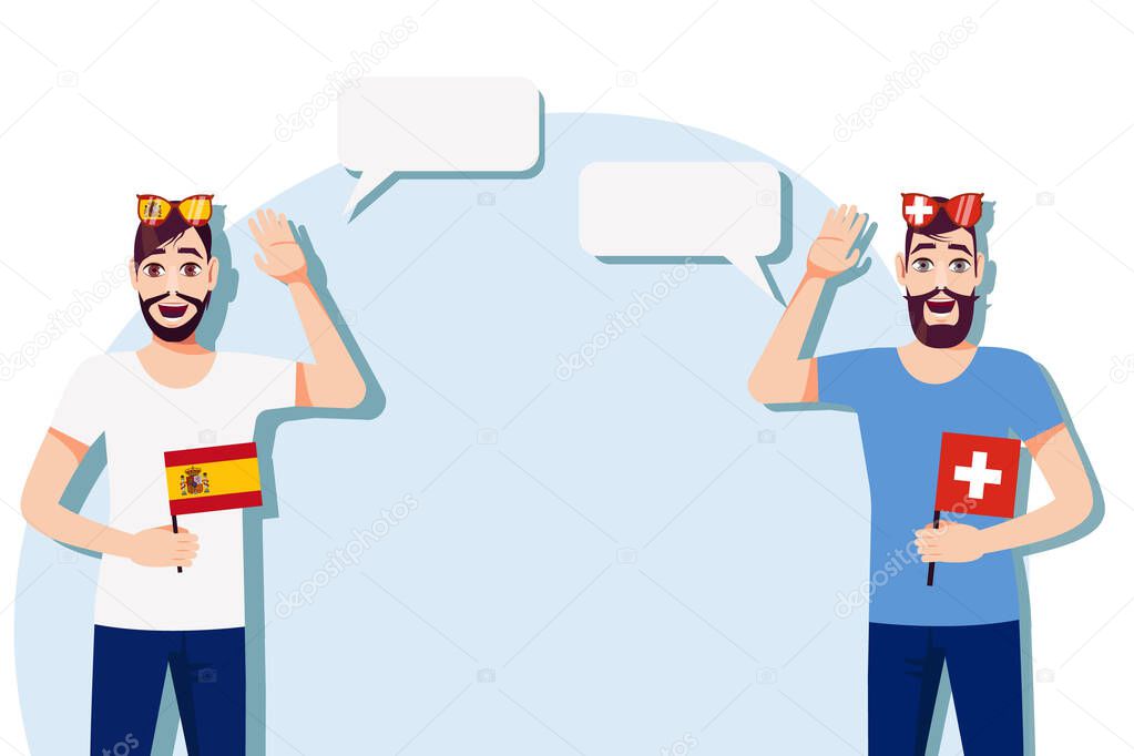 The concept of international communication, sports, education, business between Spain and Switzerland. Men with Spanish and Swiss flags. Vector illustration.