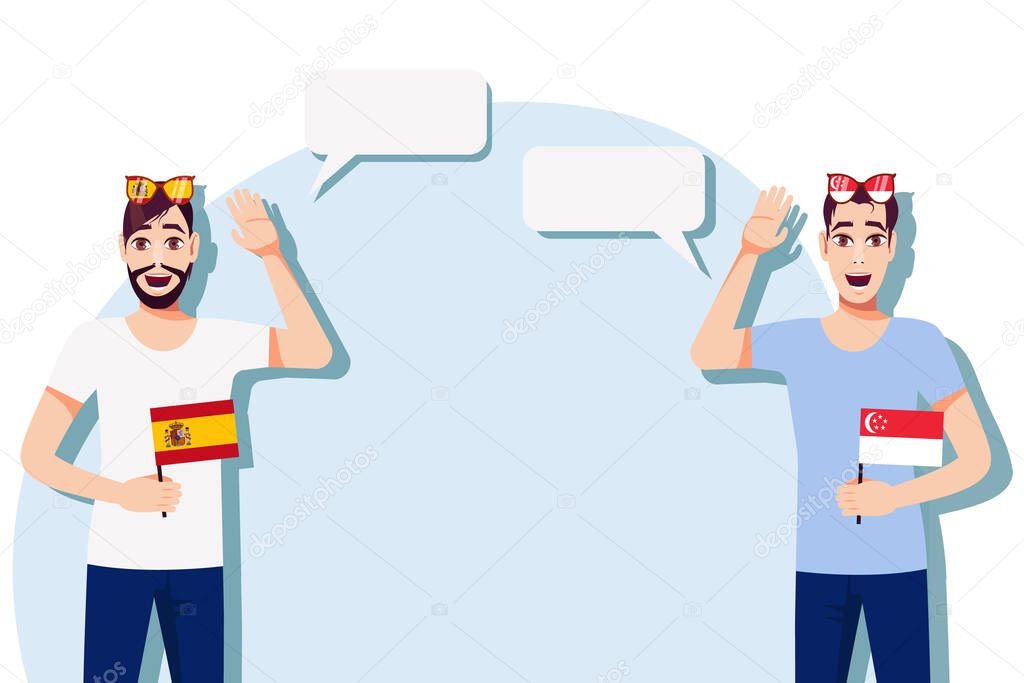 The concept of international communication, sports, education, business between Spain and Singapore. Men with Spanish and Singapore flags. Vector illustration.