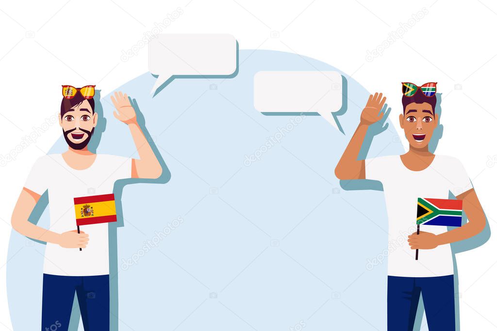 Men with Spanish and South African flags. The concept of international communication, education, sports, travel, business. Dialogue between Spain and South Africa. Vector illustration.
