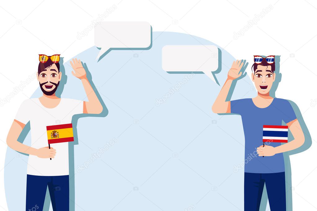 Men with Spanish and Thai flags. Background for text. Communication between native speakers of Spain and Thailand. Vector illustration.